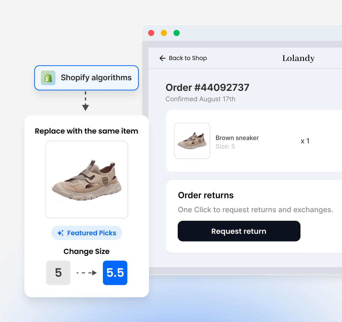 Shopify order page with sneakers showing replacement suggestions and returns