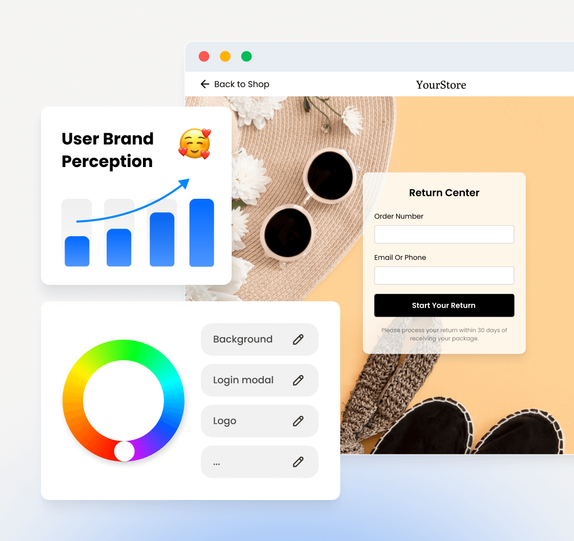 Returns portal customization showing brand perception growth with color picker and design settings