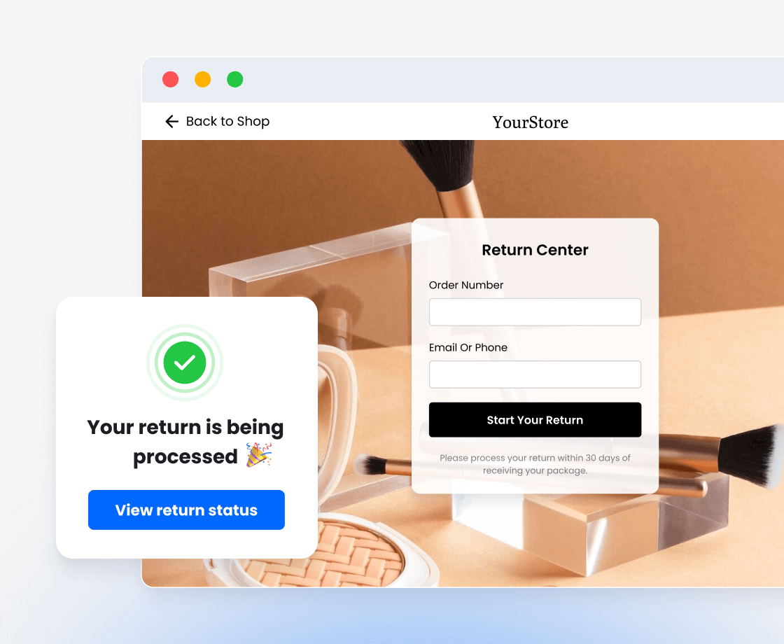 Branded return center interface with order number login and return status tracking