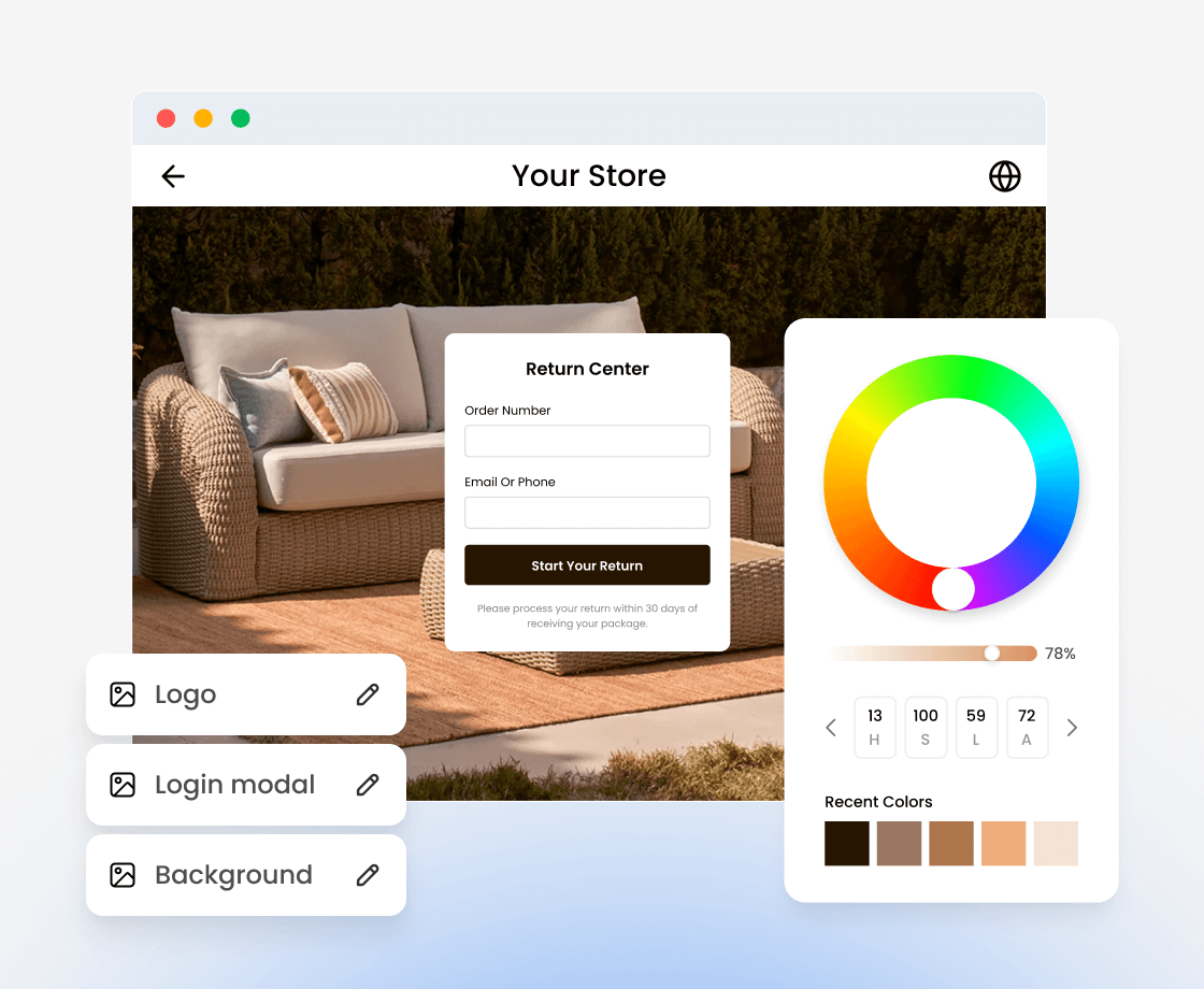 Return portal builder showing logo, login modal, and background customization with color palette