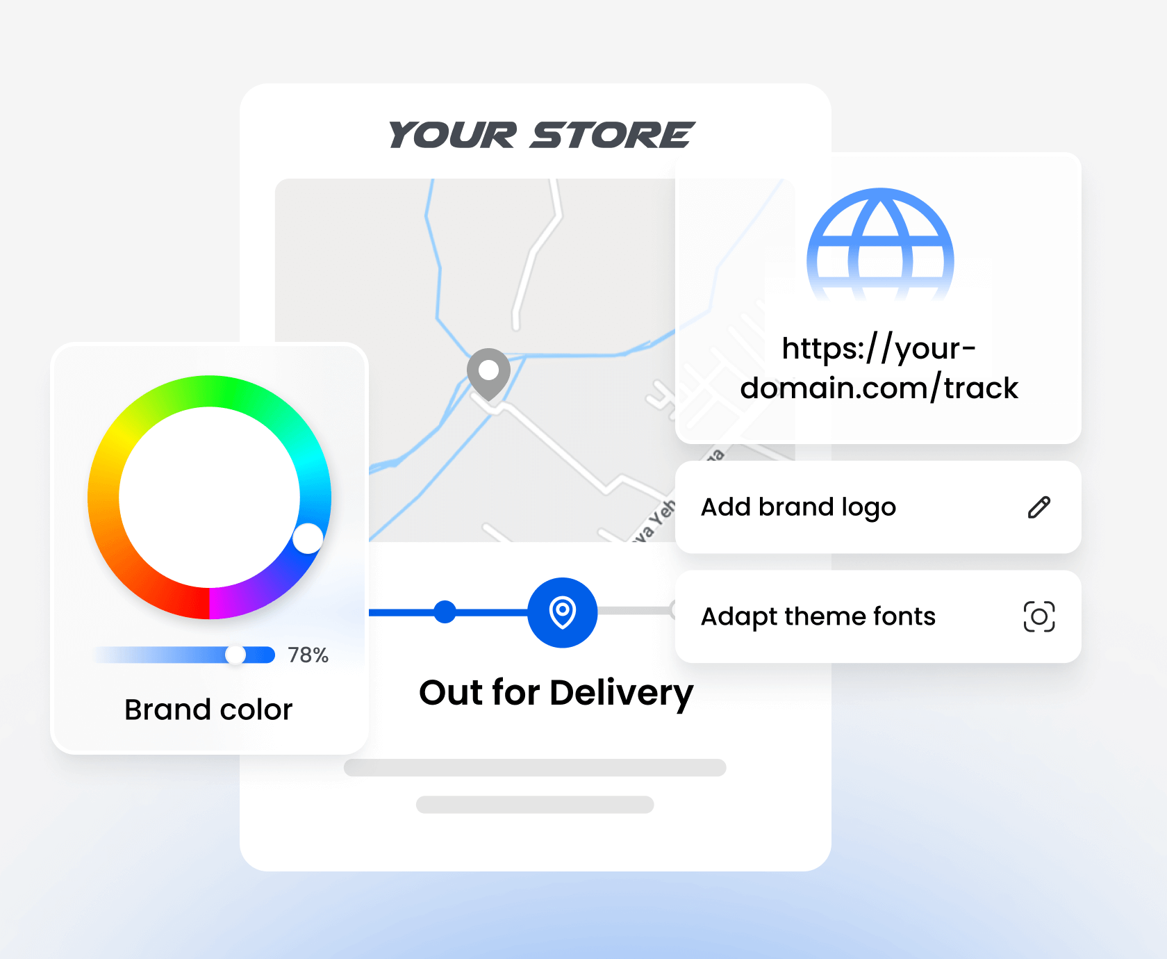 Store branding customization panel with color wheel and delivery status