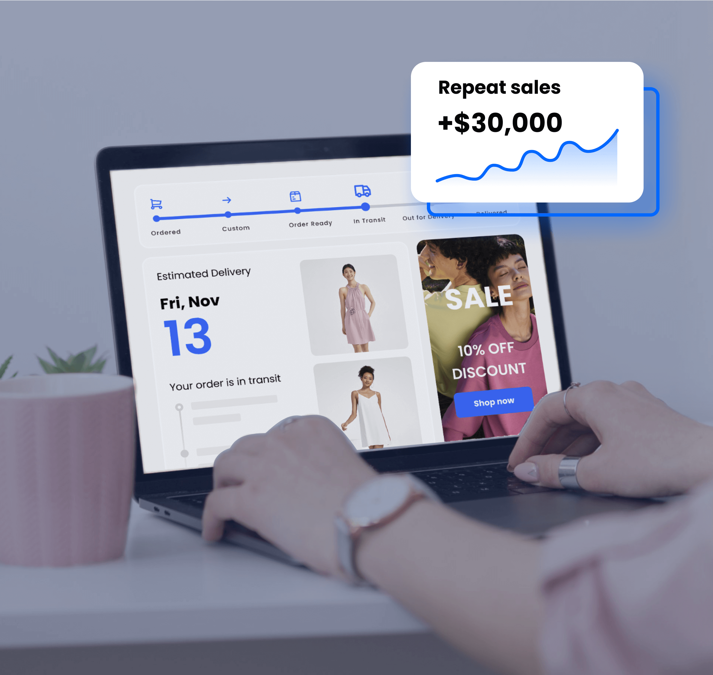 Branded order tracking dashboard showing delivery date and product recommendations