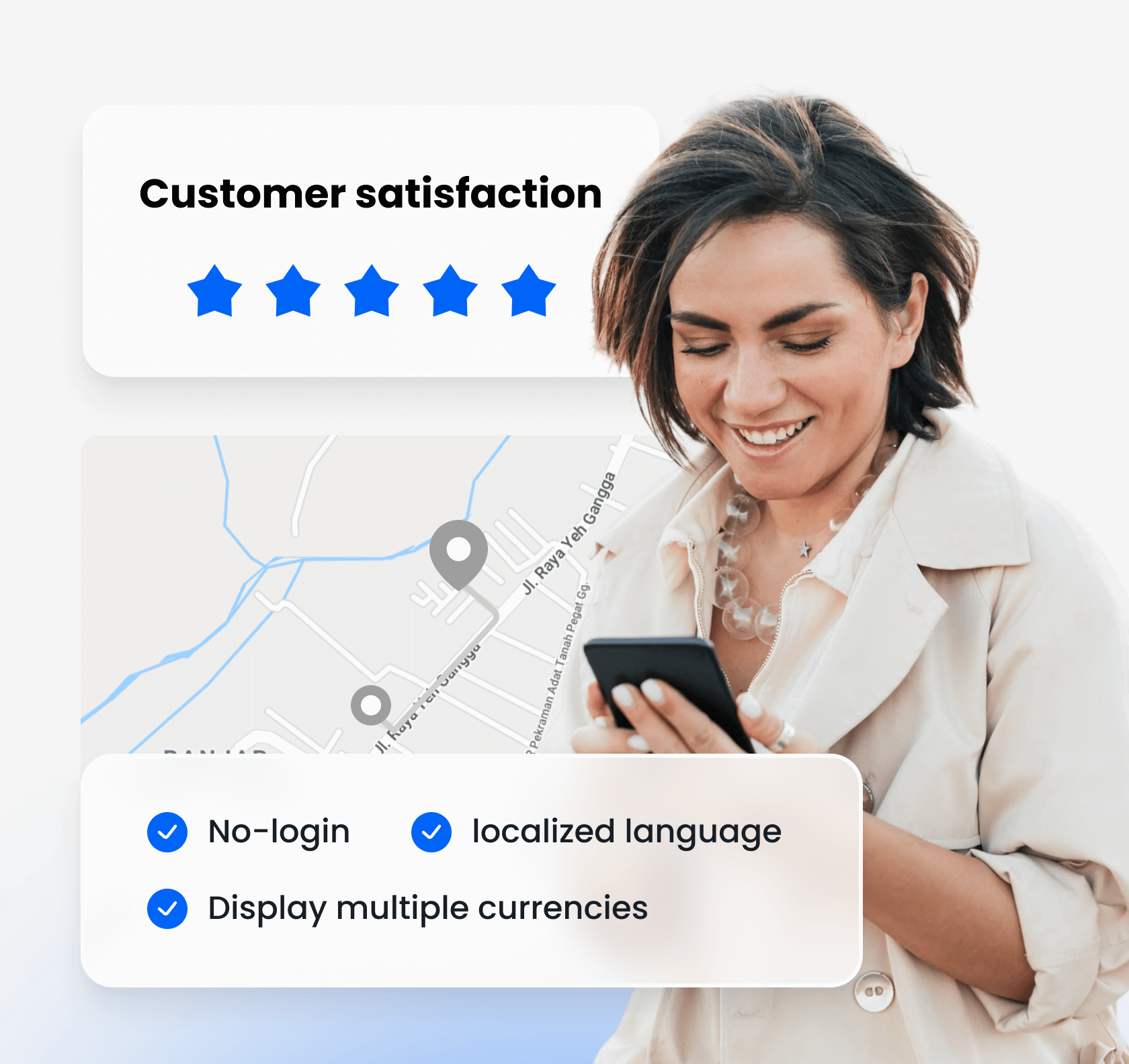 Woman with phone showing 5-star rating and multilingual currency features