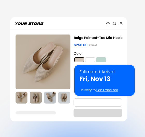 Product page showing estimated delivery date widget with arrival time for San Francisco location