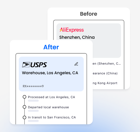 Dropshipping mode comparison showing AliExpress tracking transformed to USPS warehouse tracking interface