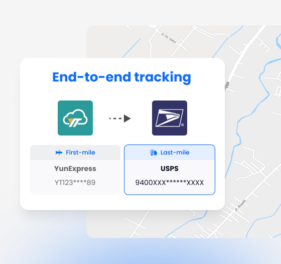 Last-mile tracking dashboard showing end-to-end carrier handoff from YunExpress to USPS with tracking numbers