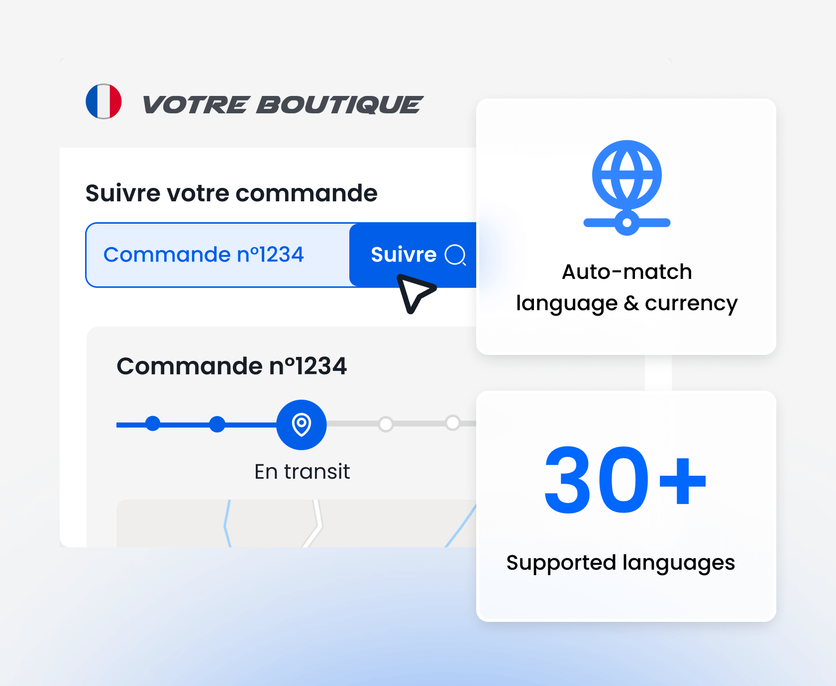 French order tracking interface highlighting 30+ supported languages feature