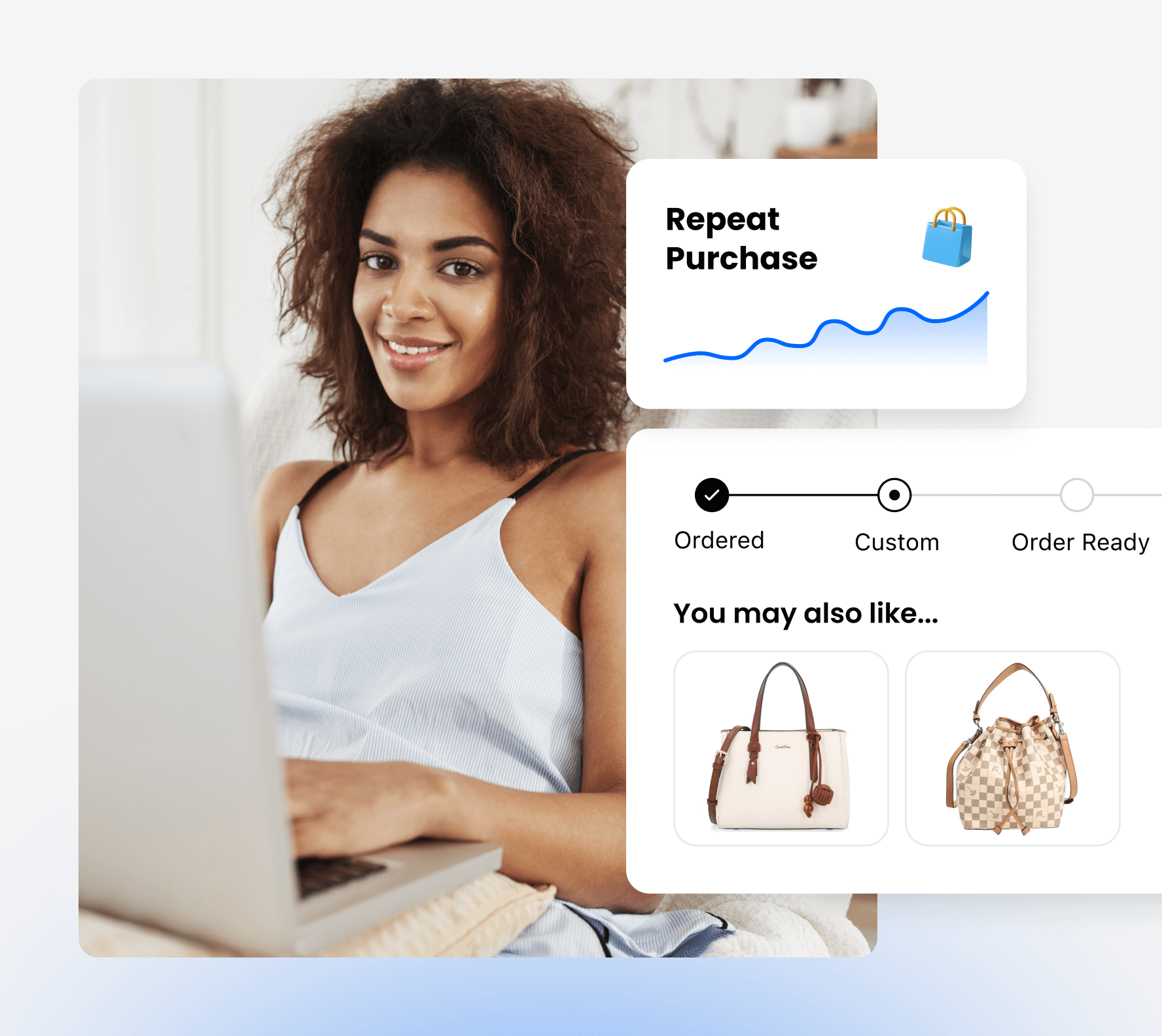 Woman with laptop viewing repeat purchase analytics and product recommendations