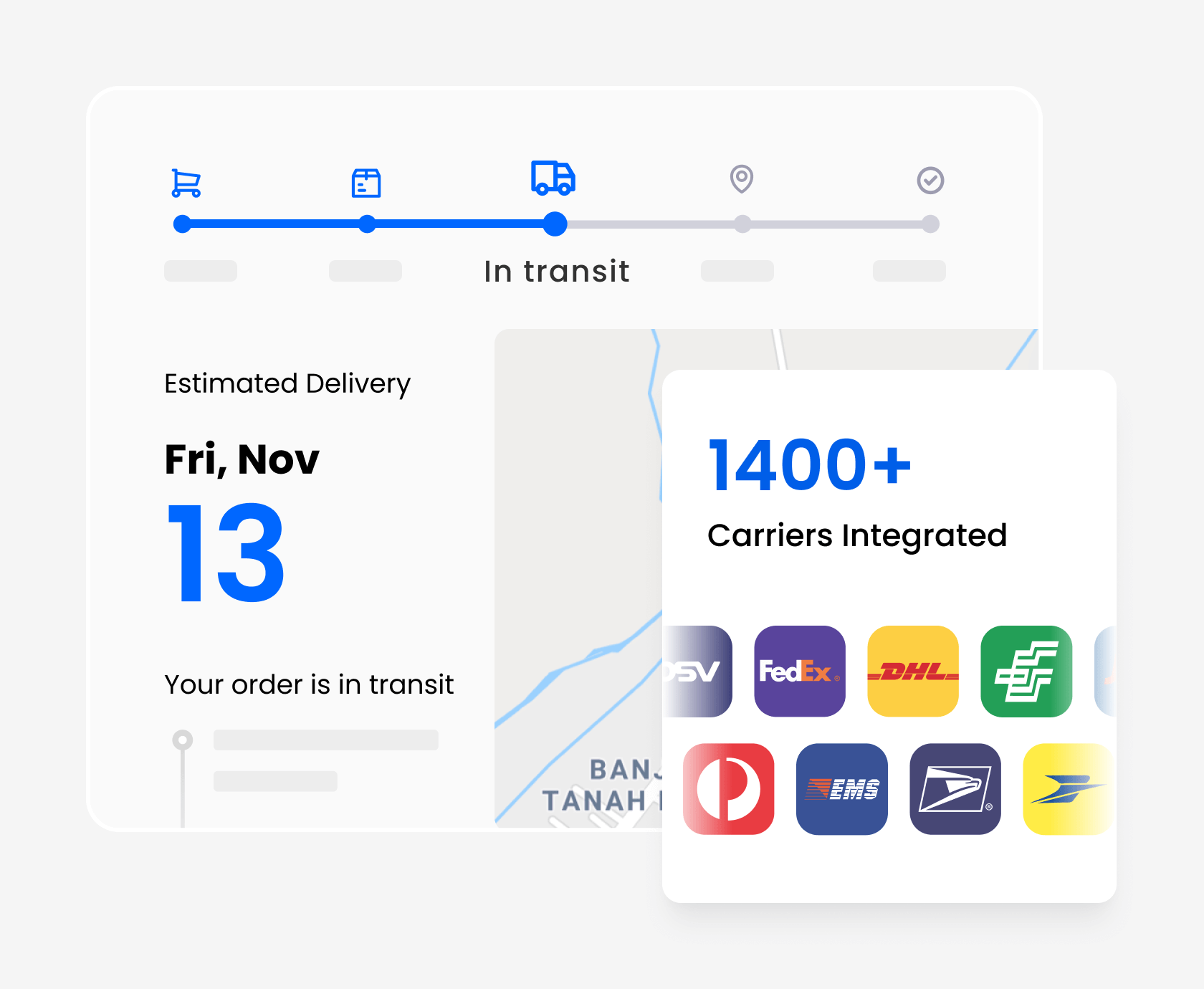 Transit tracking interface showing 1400+ integrated carriers with logos