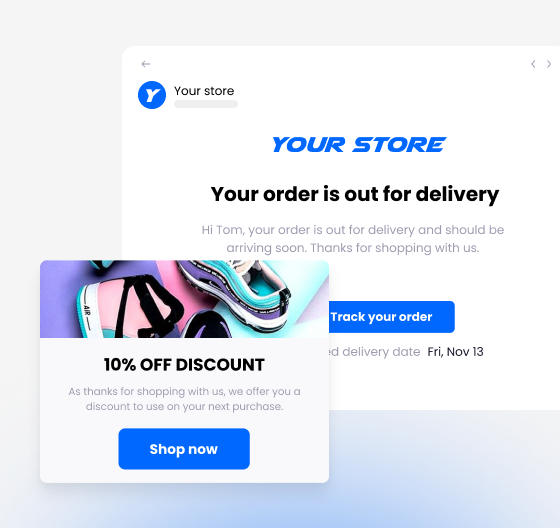 Automated shipping email with delivery update and 10% discount offer for customer retention