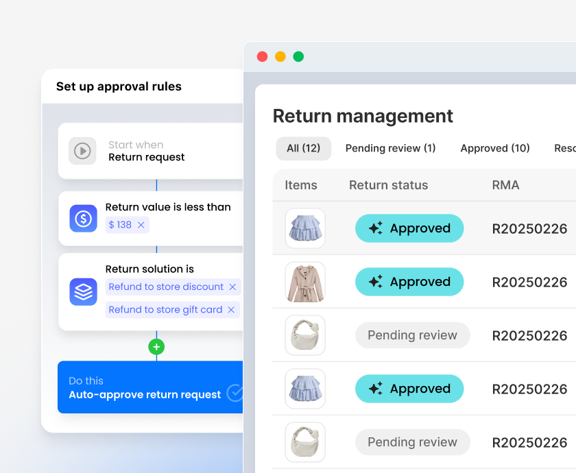 Return approval workflow interface with automated decision rules setup