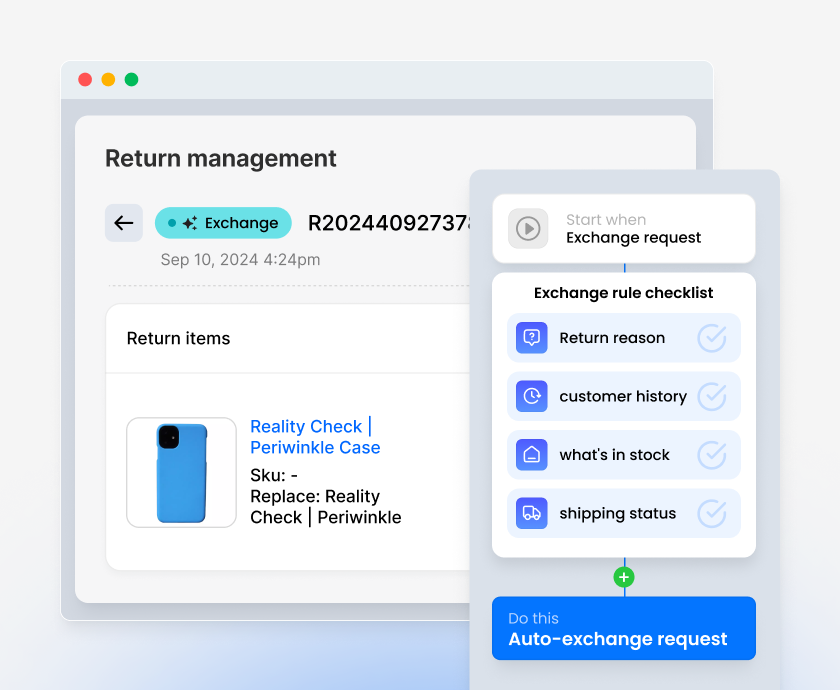 Return management interface showing automated exchange rules and decision criteria