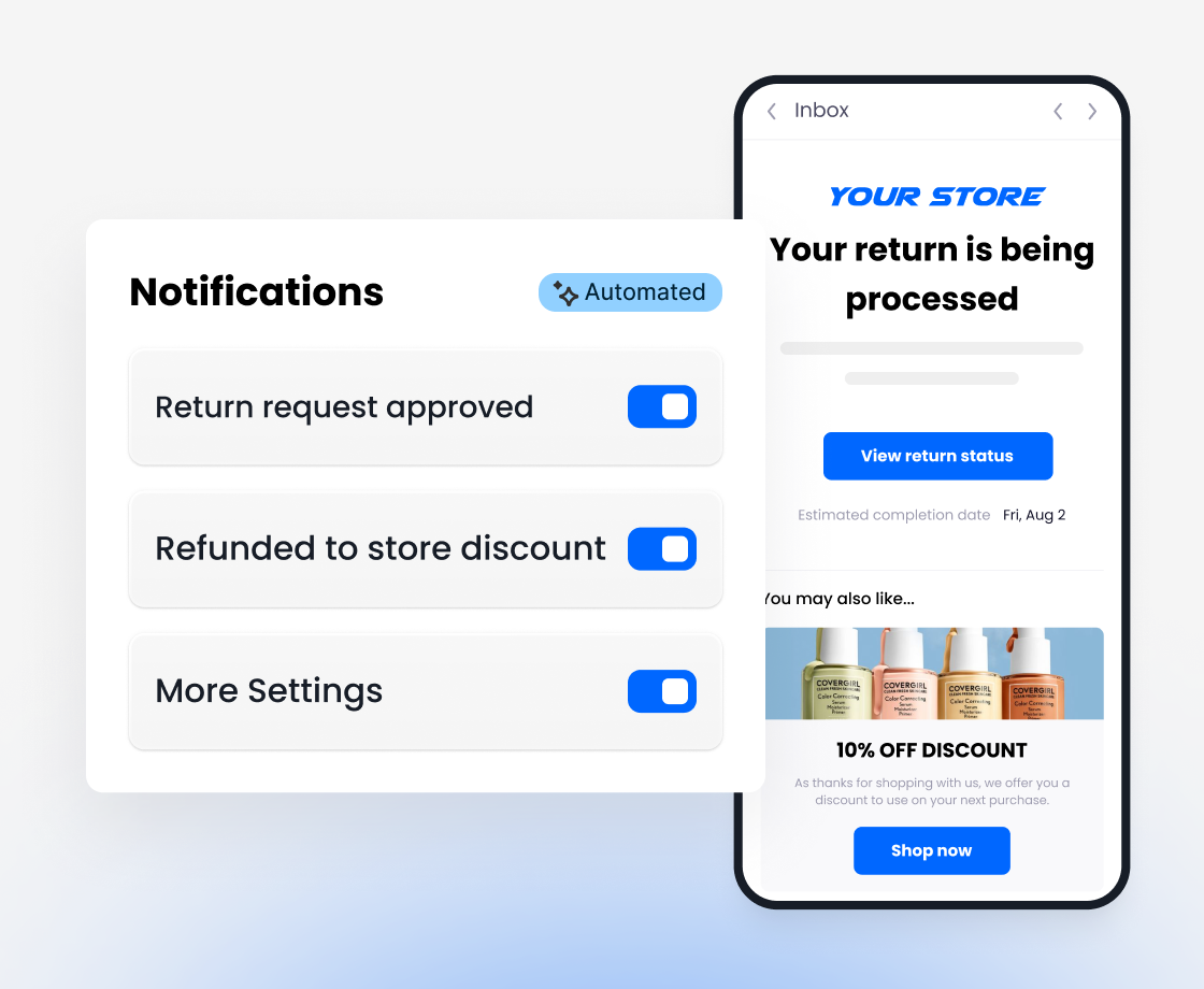 Automated notification settings with return processing email on mobile device