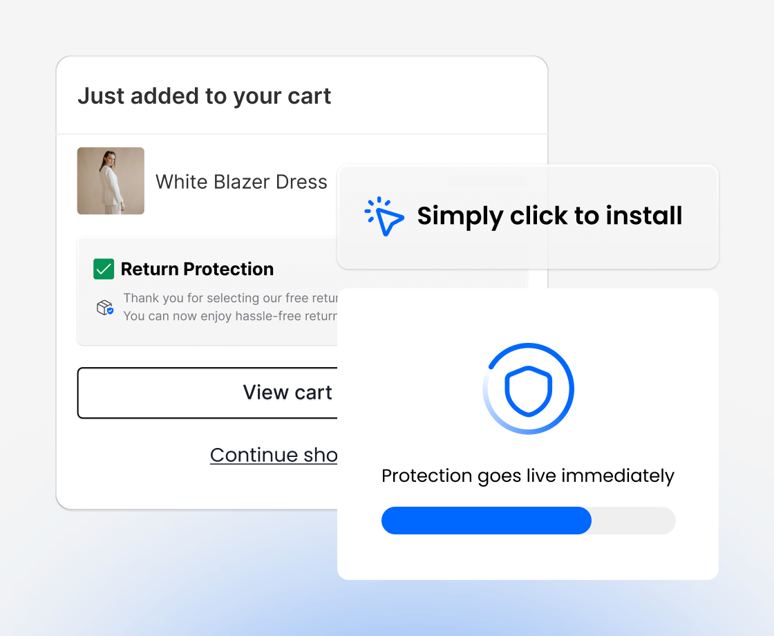Cart notification showing return protection with simple one-click installation