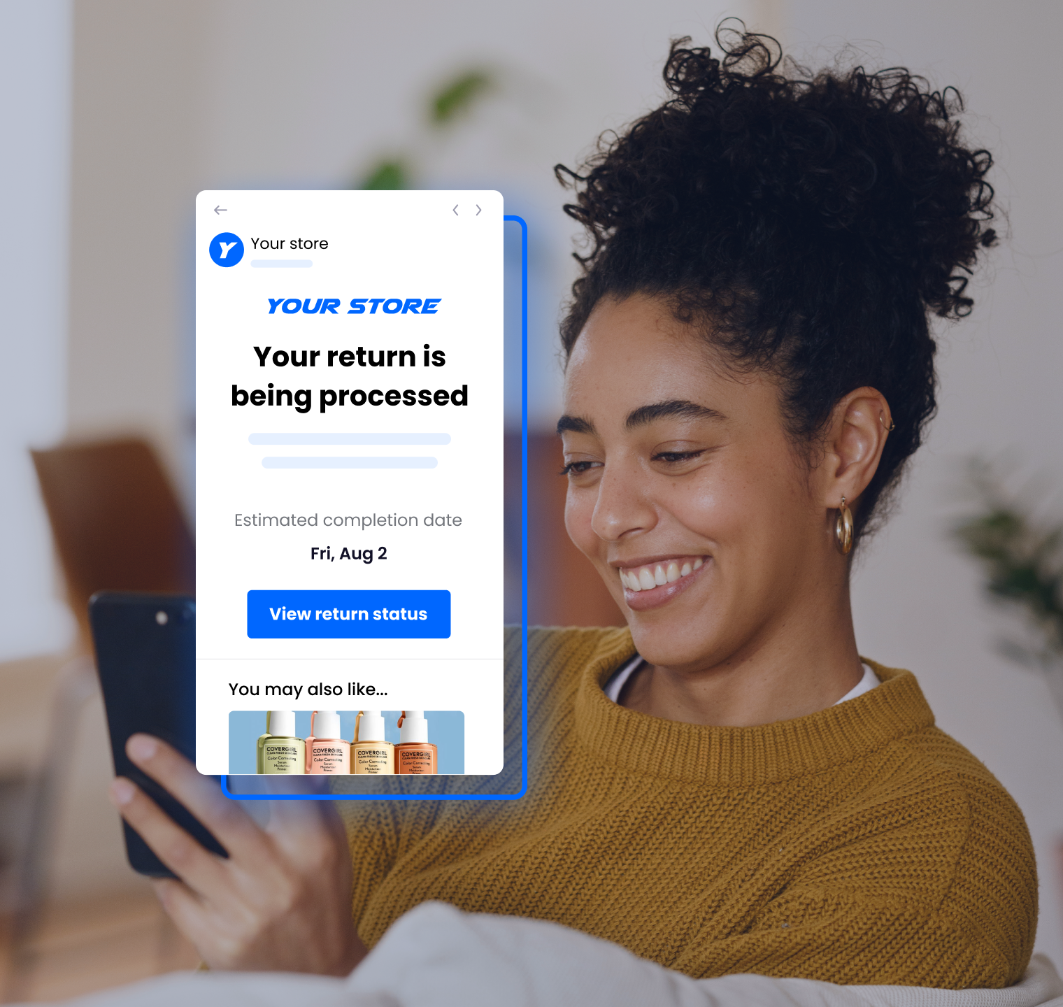 Customer viewing return status notification on mobile with product recommendations