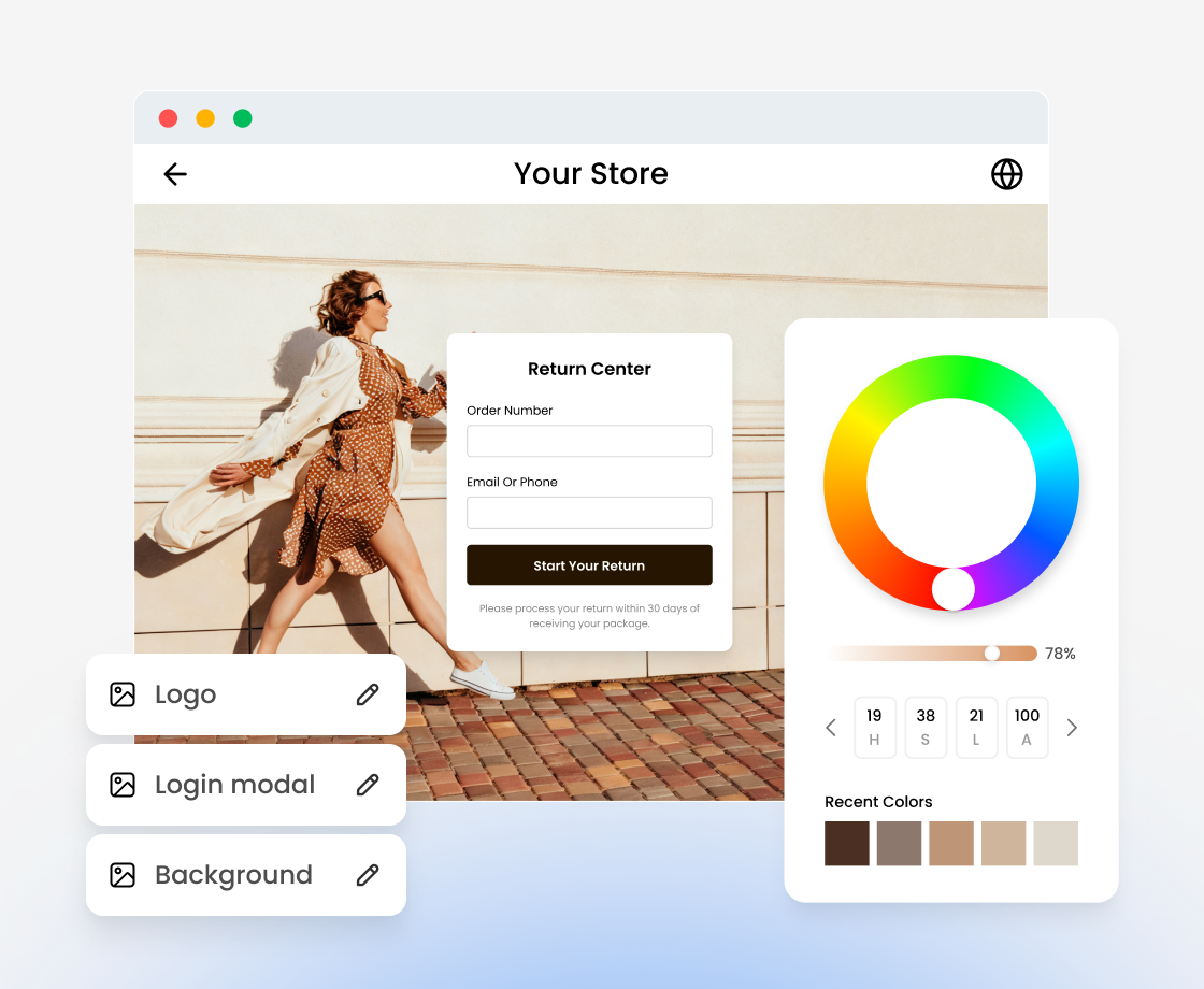 Return center customization with logo, login modal and color palette options