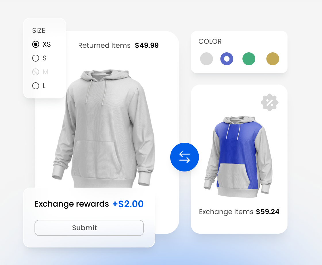 Product exchange interface displaying reward incentives and pricing