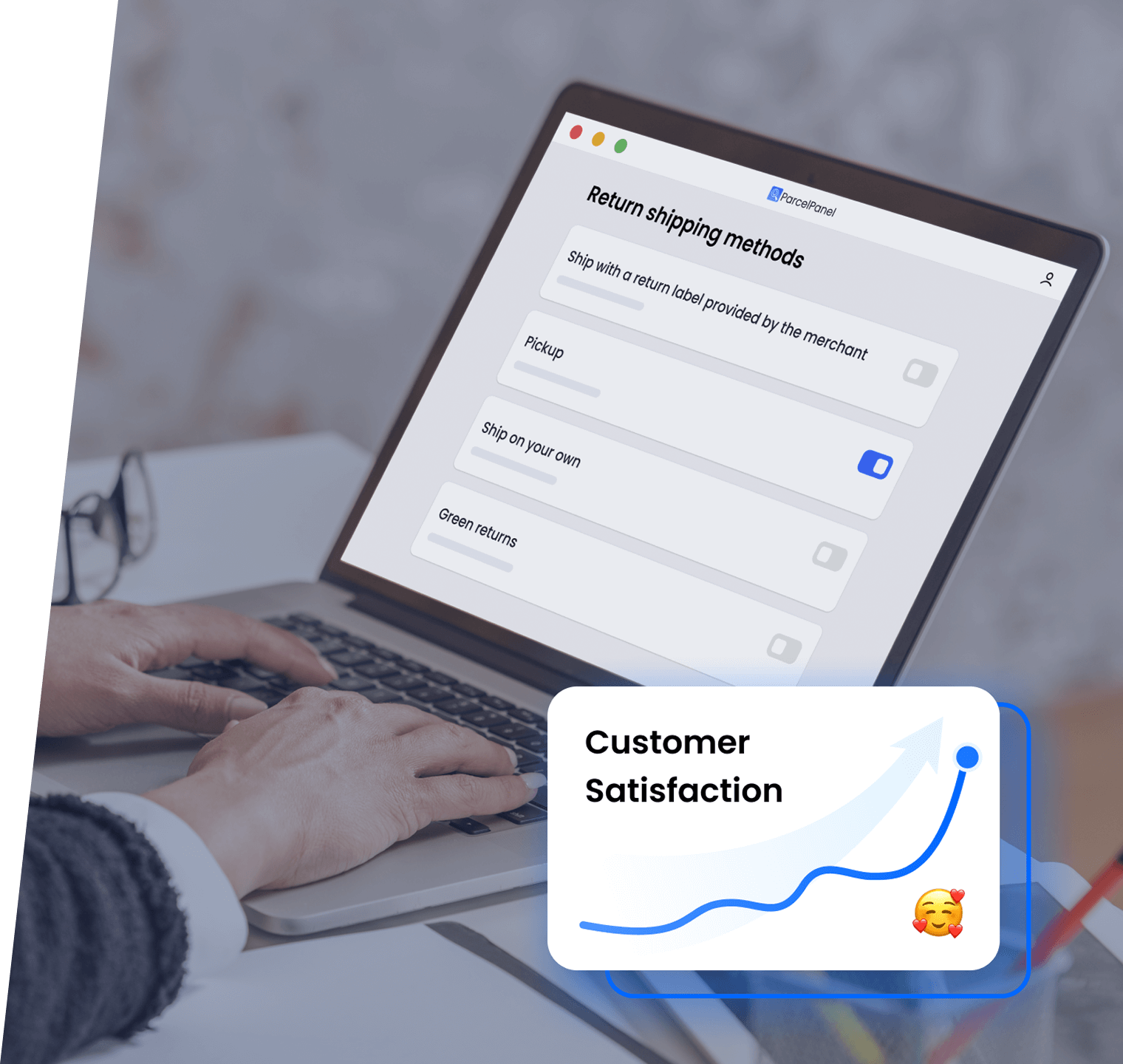 Laptop showing return shipping methods with customer satisfaction metrics