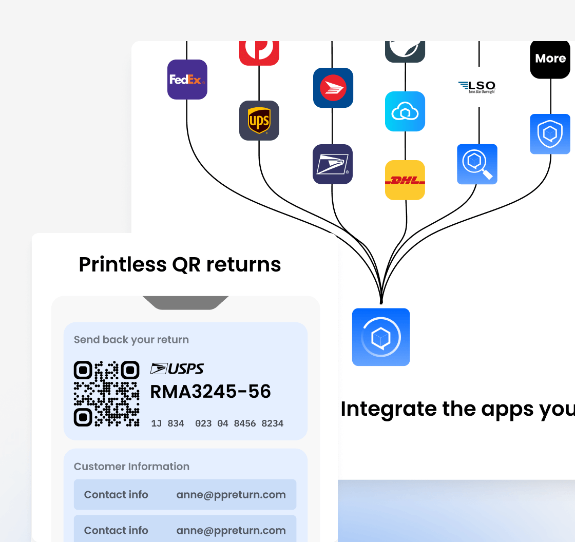 Return shipping interface with carrier logos and QR code label for printless returns