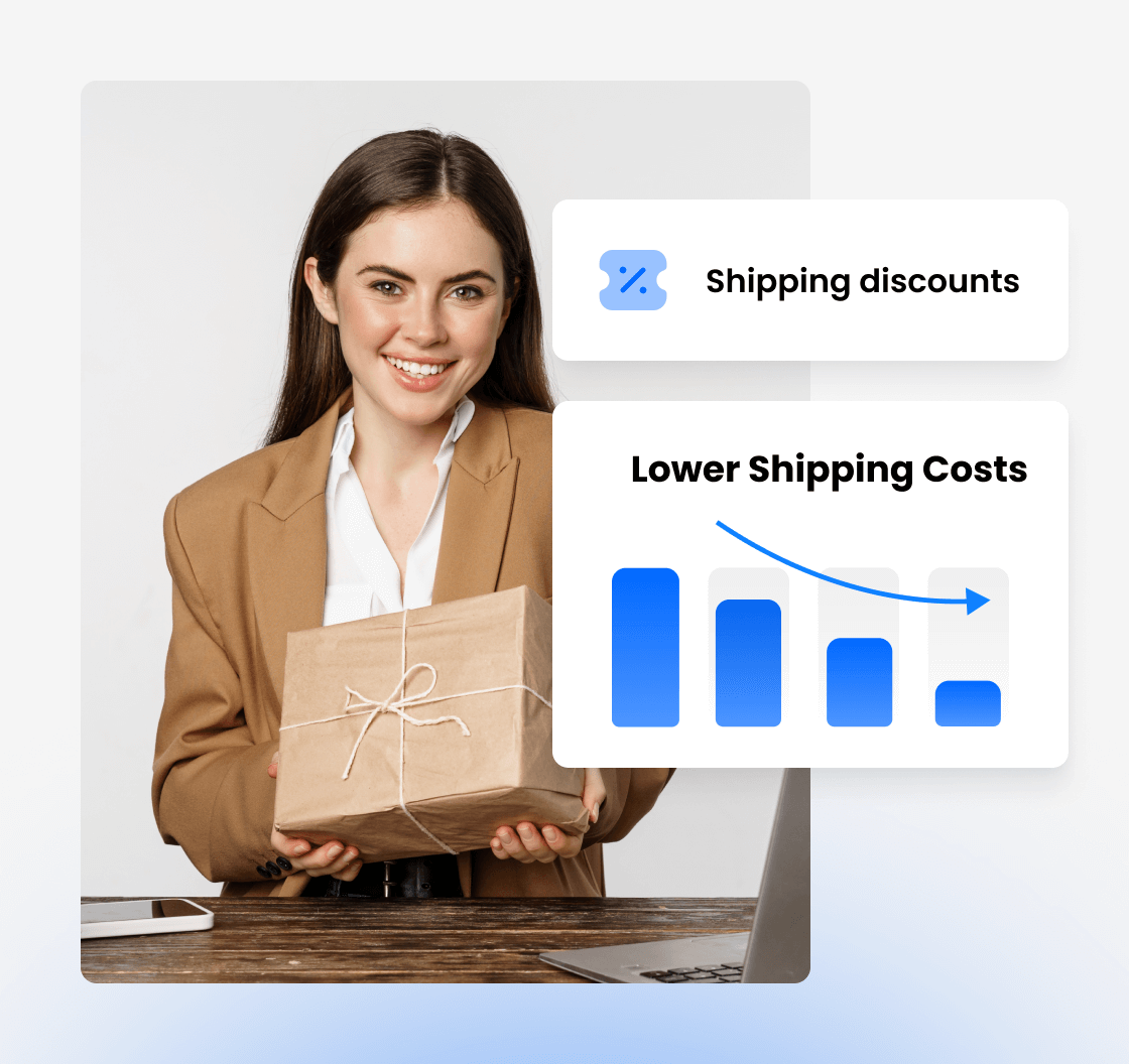 Professional woman holding package with shipping cost reduction chart