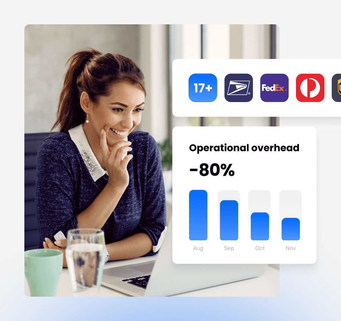 Business owner with carrier integration dashboard showing operational cost reduction