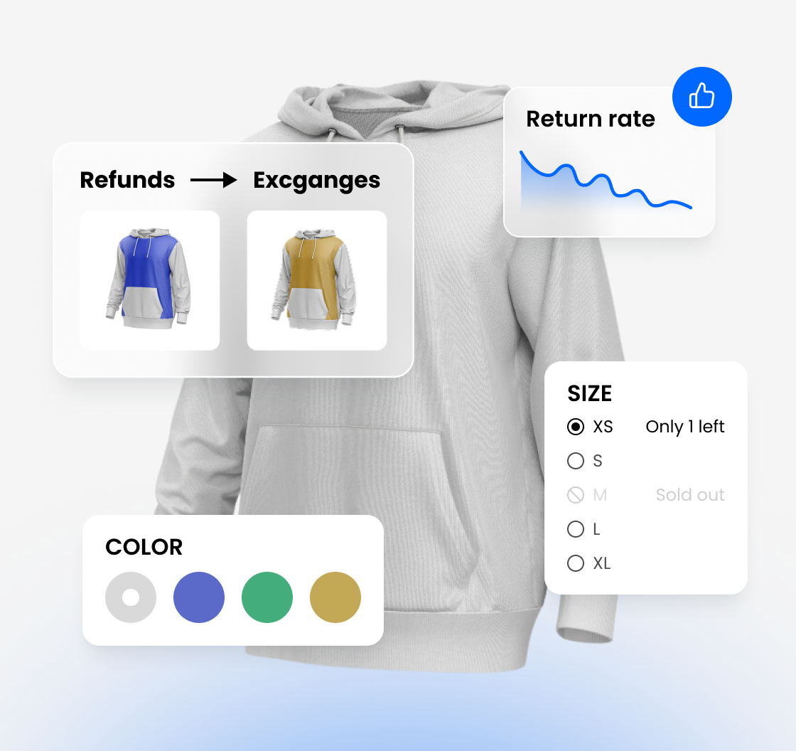 Product exchange interface with color and size selection options