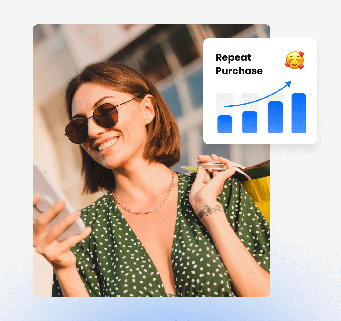 Happy customer with sunglasses showing repeat purchase growth metrics