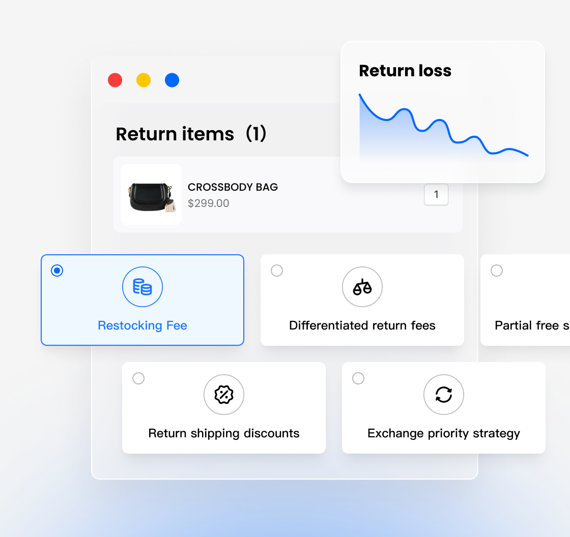 Return management interface displaying cost controls and fee options