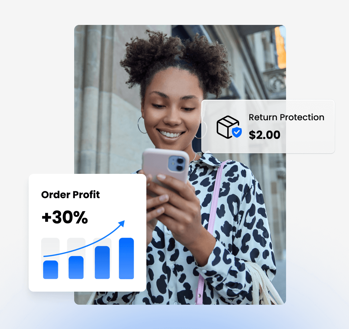 Customer using phone with return protection benefits and order profit metrics displayed