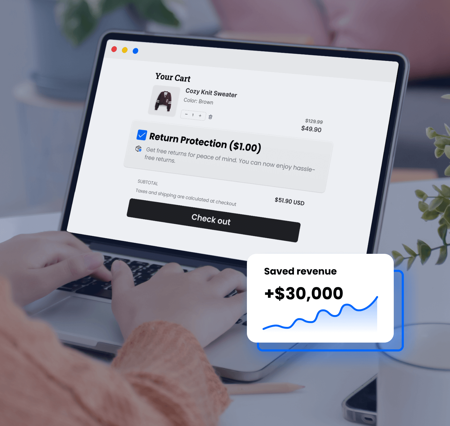 Checkout cart showing return protection and $30,000 in saved revenue