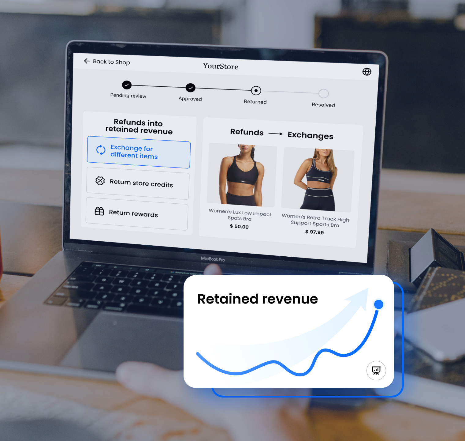 Exchange system dashboard showing revenue retention and product swap interface
