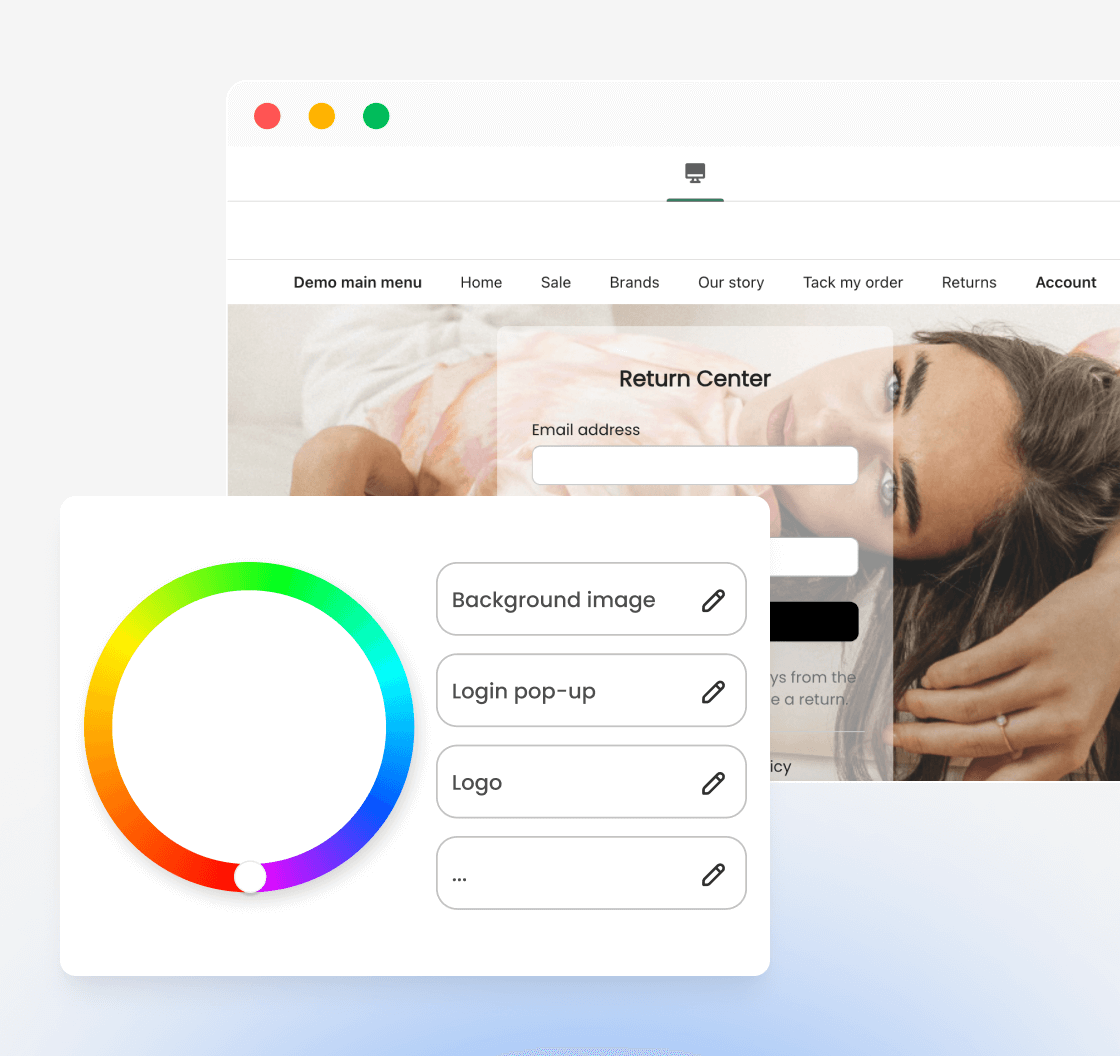 Branded returns portal interface with customization options and color picker