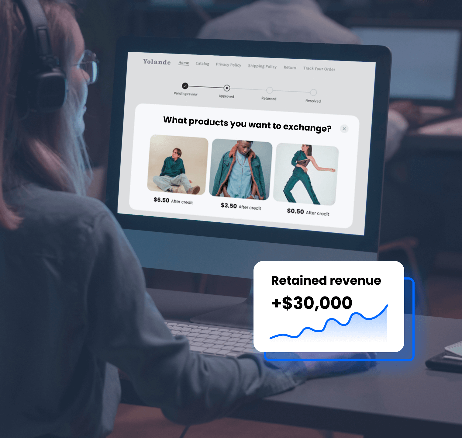 Returns and exchanges management dashboard showing product exchange options with $30,000 retained revenue metrics