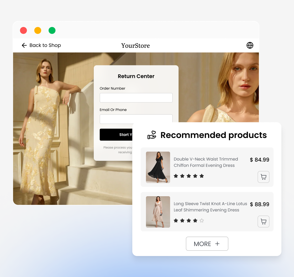 Return center with recommended product alternatives and exchange options