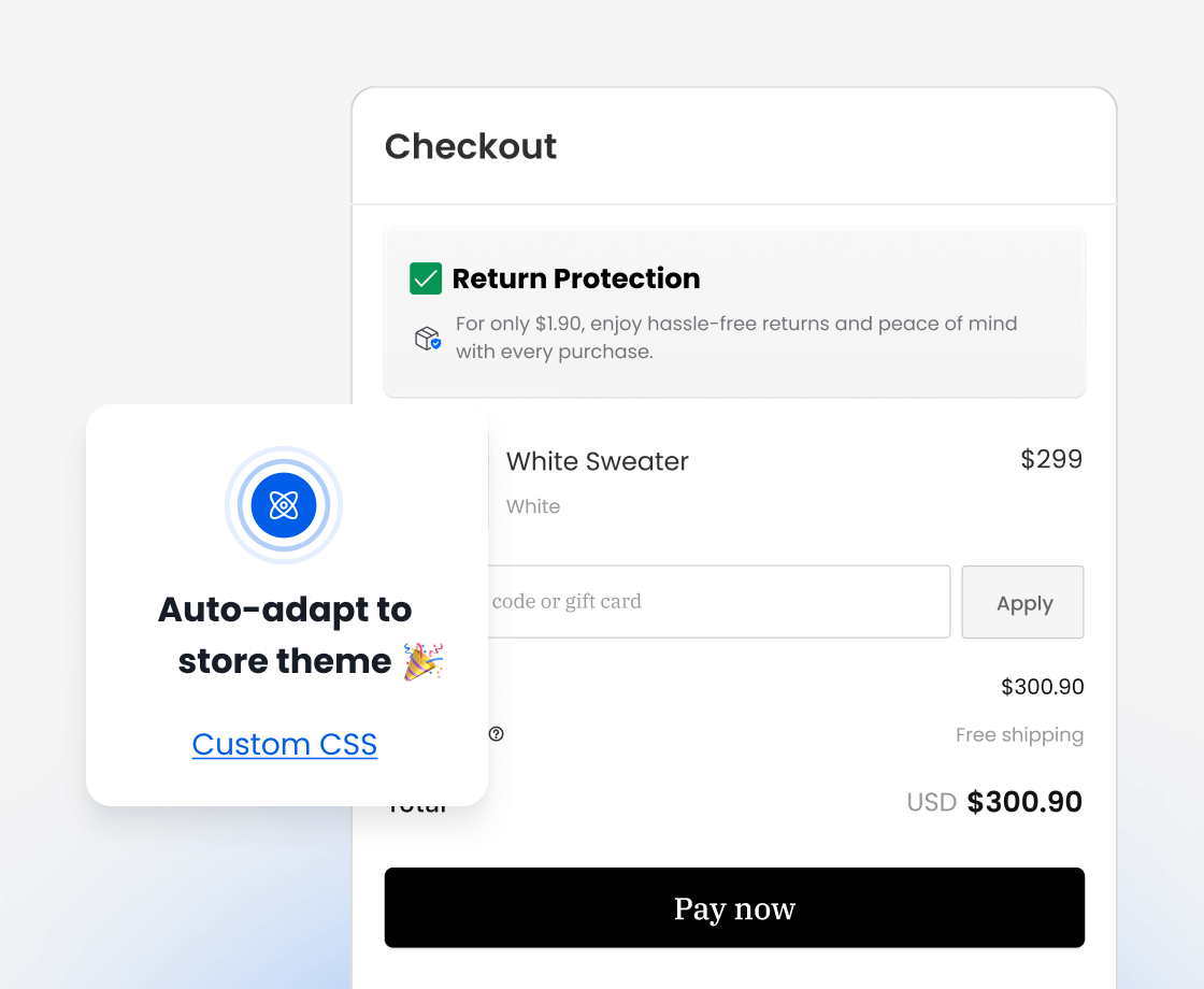 Checkout page displaying return protection option with auto-adapting store theme customization