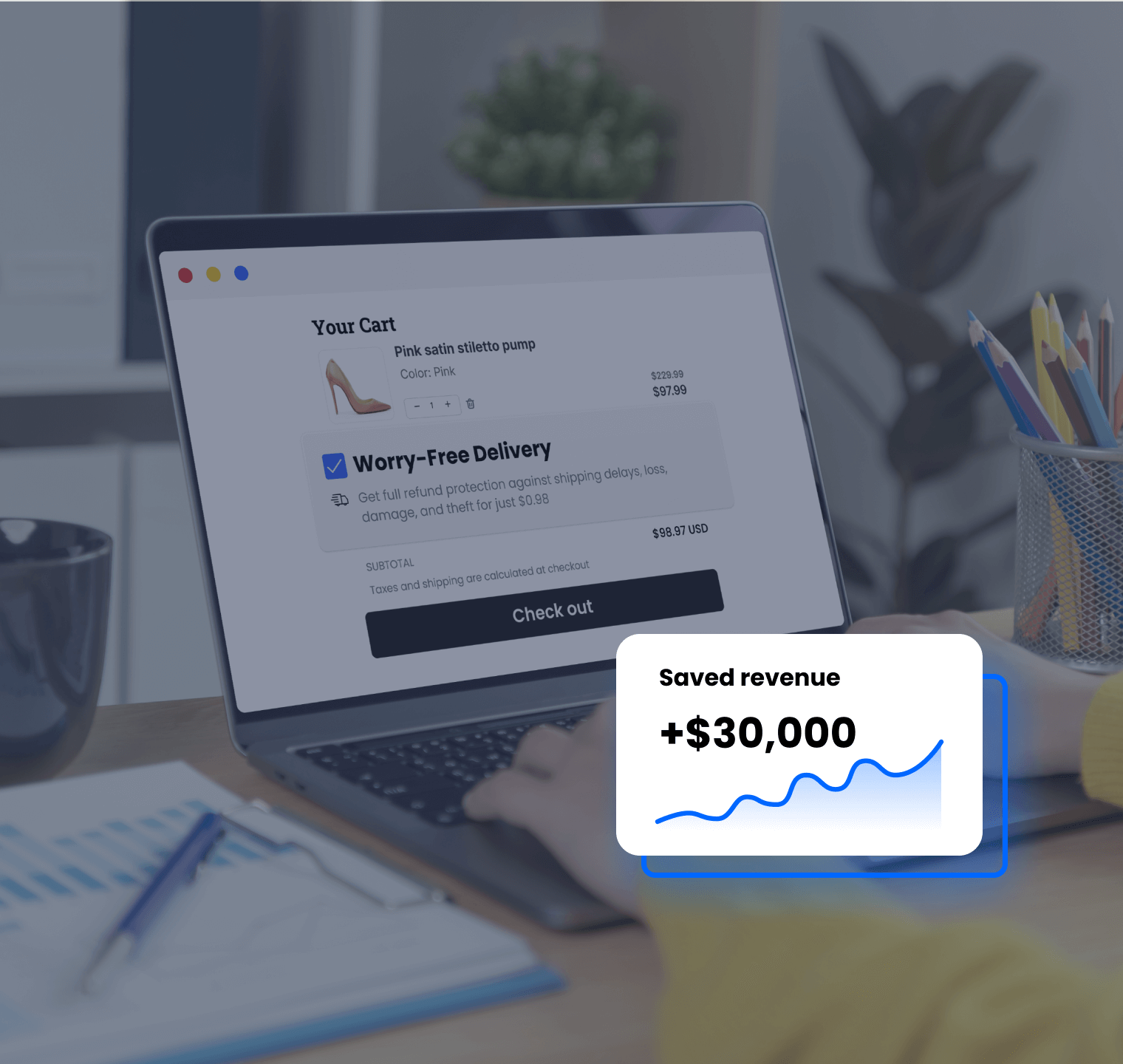 Shipping protection checkout interface showing worry-free delivery option with $30,000 saved revenue