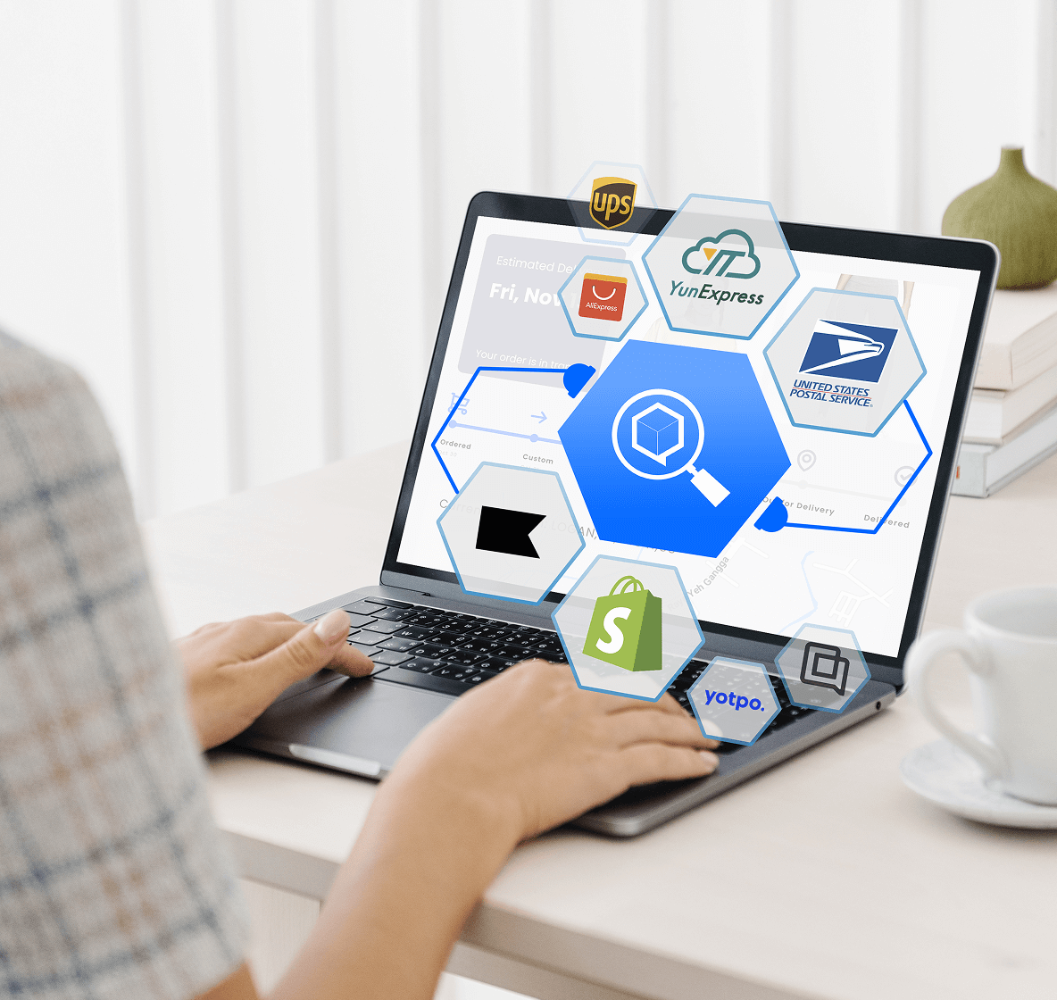 Laptop showing Shopify app integrations with carrier logos and ParcelPanel dashboard interface