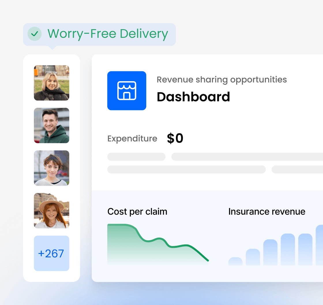 Revenue sharing dashboard displaying worry-free delivery with cost per claim and insurance revenue metrics